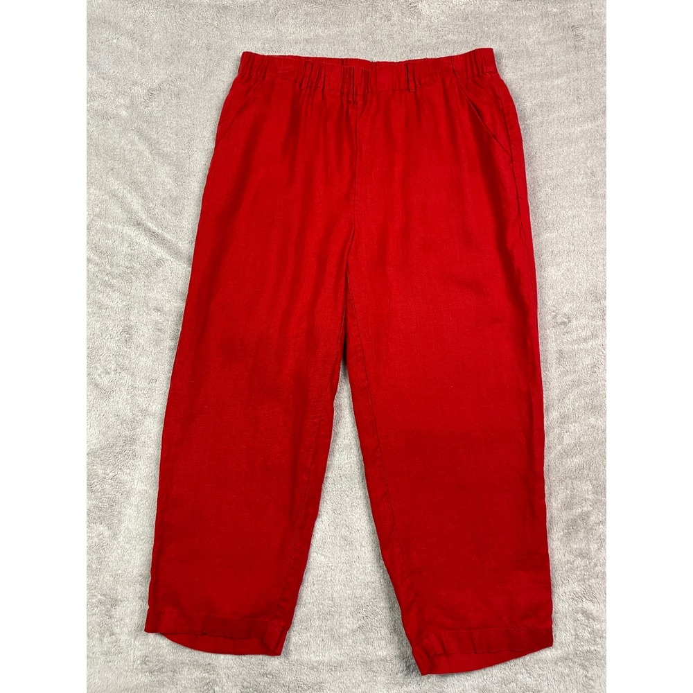 Quince Womens 100% European Linen Pants Size L Chile Red Elastic Waist 25" Crop